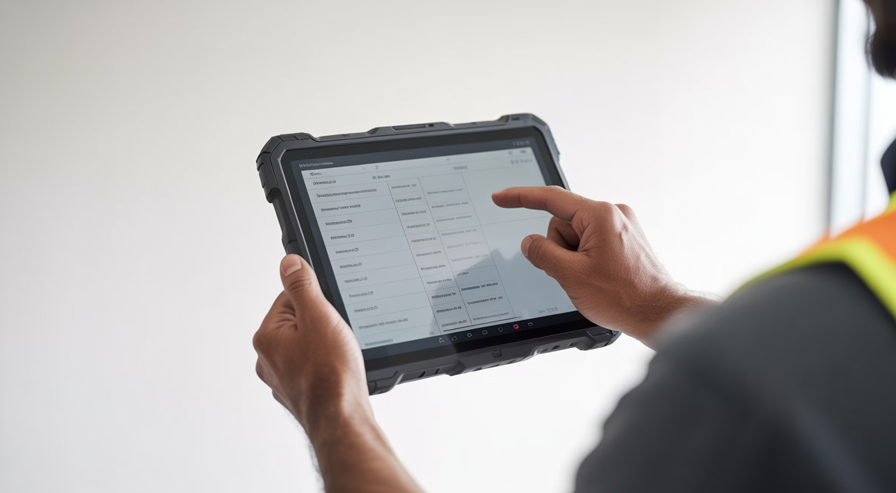 Construction worker using digital project management tools on site