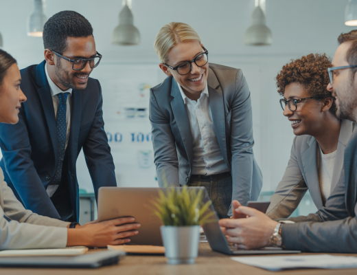 Diverse team collaborating in a modern office environment