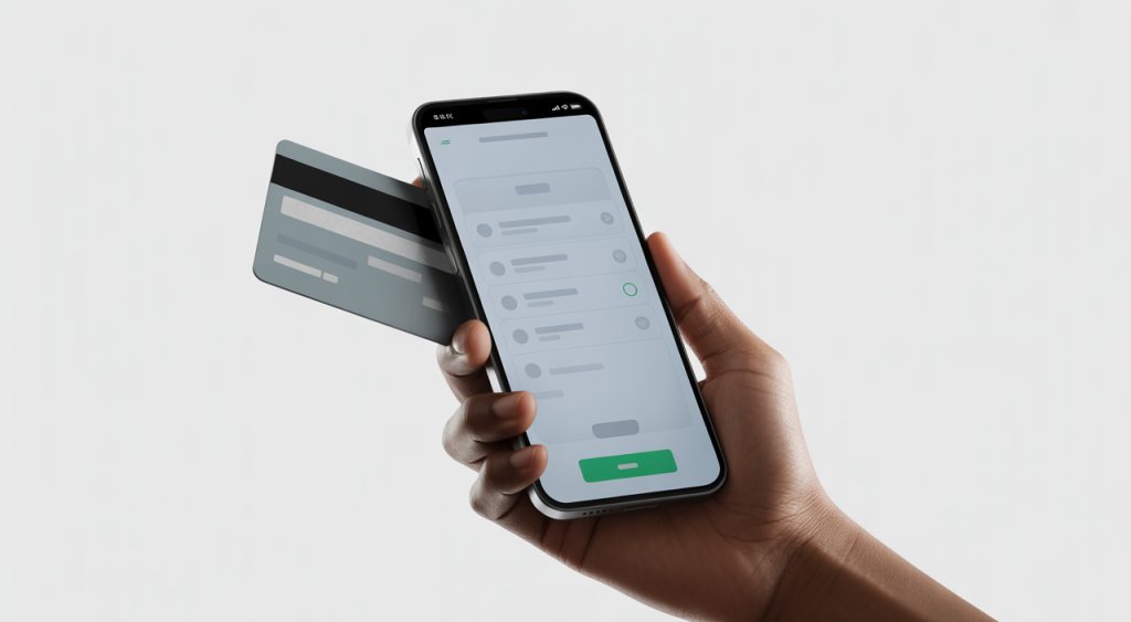 Hand holding a smartphone with a digital payment interface and a credit card, symbolizing the integration of UPI and credit card for modern financial transactions.