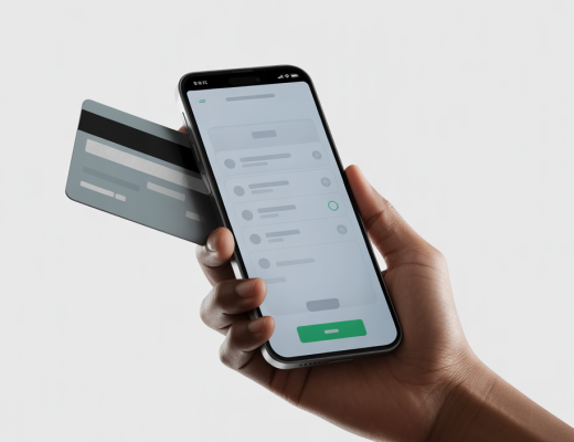 Hand holding a smartphone with a digital payment interface and a credit card, symbolizing the integration of UPI and credit card for modern financial transactions.