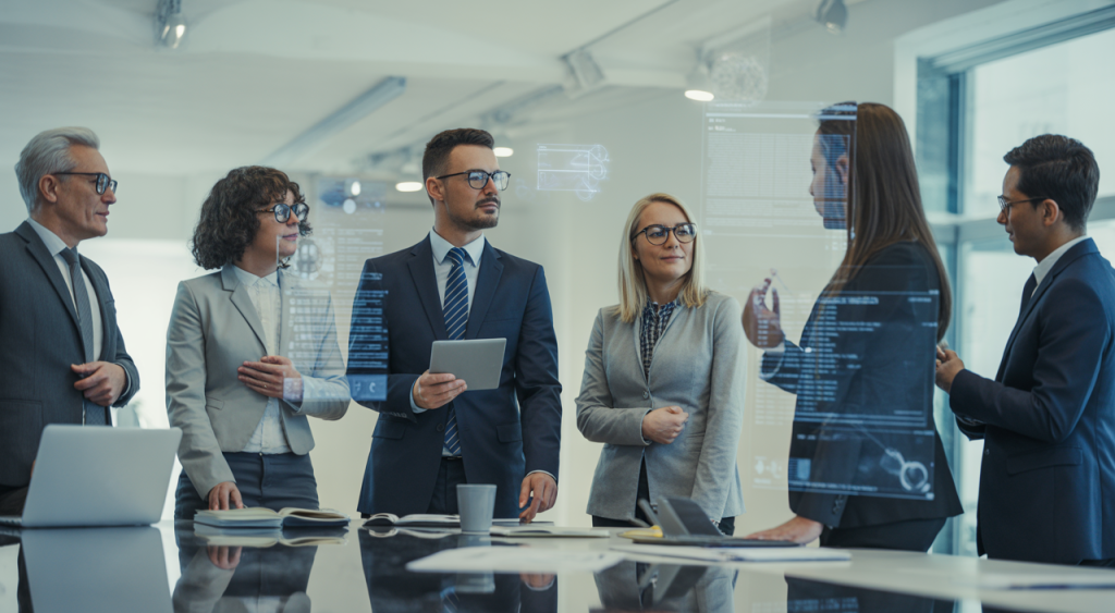 Diverse business professionals collaborating on a digital marketing strategy in a modern office, representing integrated agency solutions.
