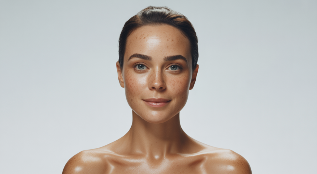 Close-up of a woman's radiant face with firm, youthful skin, representing the effects of skin tightening.