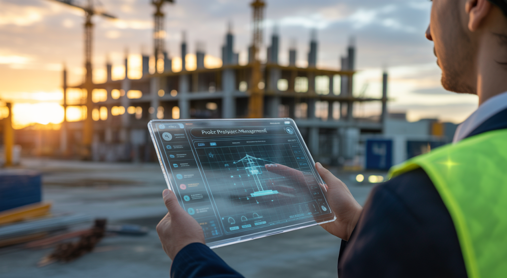 Construction worker using digital tablet with holographic project management interface on a modern construction site, symbolizing efficiency and technology.