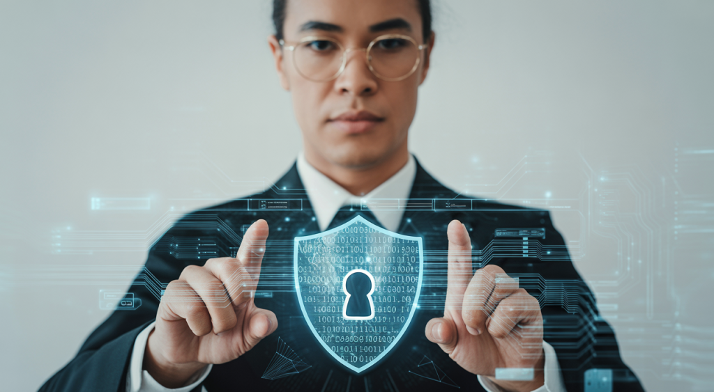 Professional overseeing a secure digital network, symbolizing cybersecurity protection for Canadian businesses.