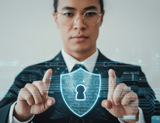 Professional overseeing a secure digital network, symbolizing cybersecurity protection for Canadian businesses.