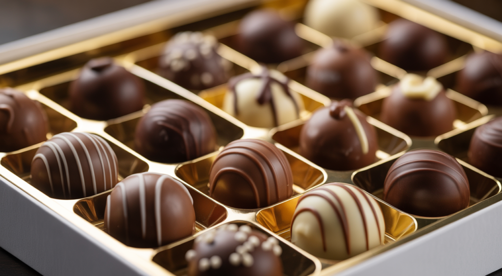 Luxurious gourmet chocolate truffles assortment displayed in an elegant gift box on a clean white background