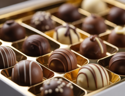 Luxurious gourmet chocolate truffles assortment displayed in an elegant gift box on a clean white background