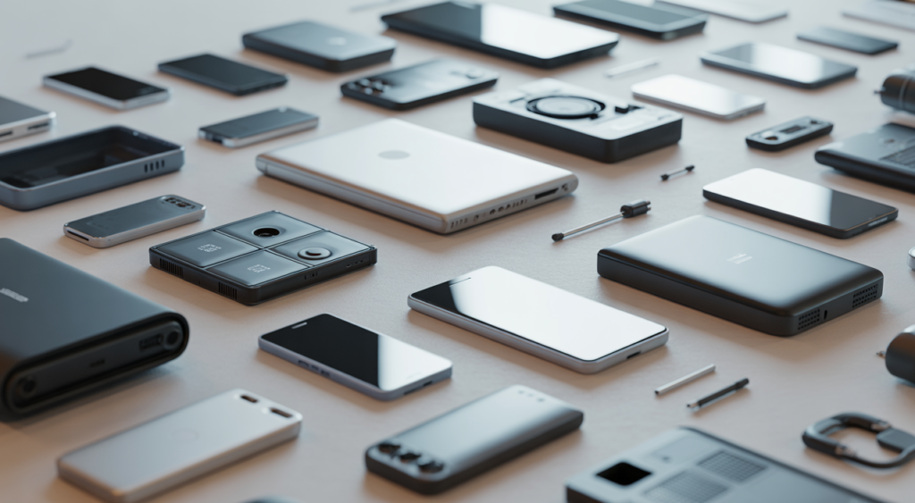 Hero image of assorted electronic waste including phones, laptops, and appliances representing e-waste management