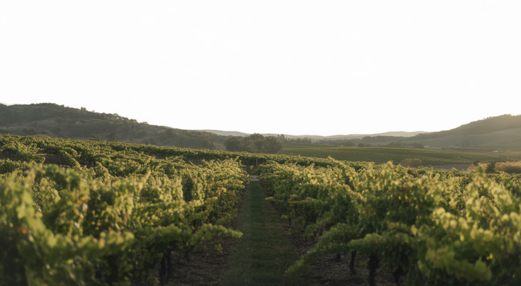 Photo of scenic Napa Valley vineyard rows under warm sunset light with rolling hills in the background