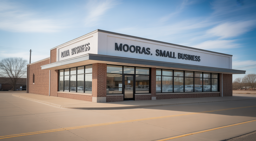 Photorealistic image of a modern small business storefront in Iowa representing local commercial property for insurance