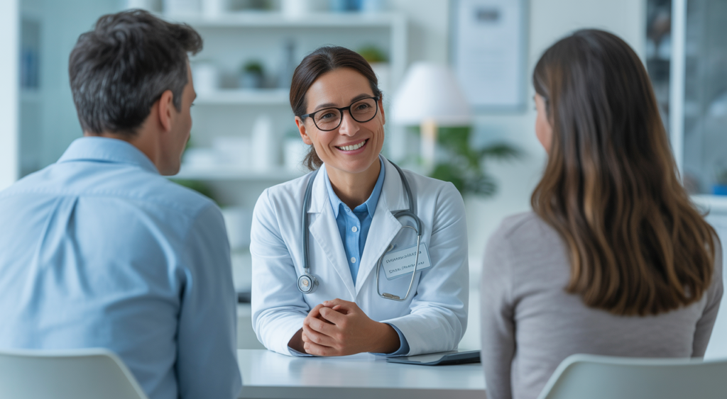 Fertility specialist consulting with intended parents during egg donor matching consultation in clinical setting