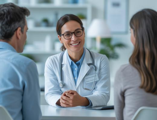 Fertility specialist consulting with intended parents during egg donor matching consultation in clinical setting