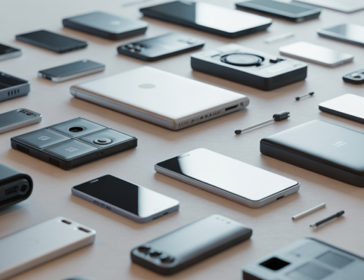 Hero image of assorted electronic waste including phones, laptops, and appliances representing e-waste management