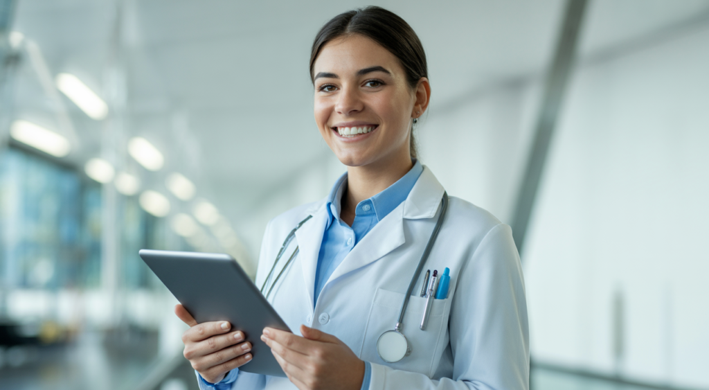 Smiling healthcare professional holding tablet representing Registered Behavior Technician career opportunities in Iowa