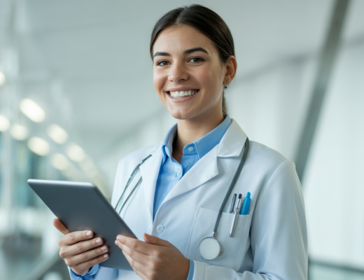 Smiling healthcare professional holding tablet representing Registered Behavior Technician career opportunities in Iowa