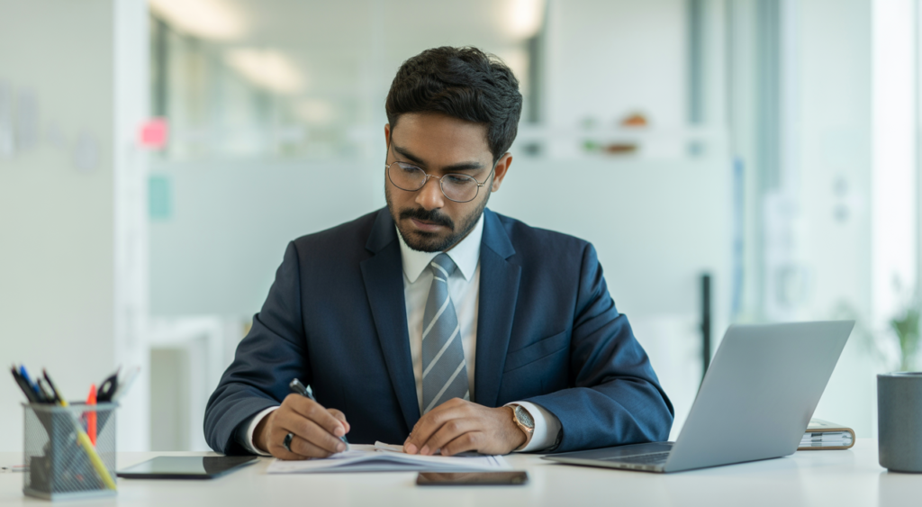 Indian entrepreneur working on international trade documents in a modern office for import export license article