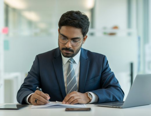Indian entrepreneur working on international trade documents in a modern office for import export license article